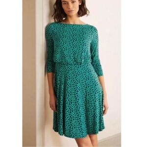 Boden Nellie Navy Blue Green Bubble Dot Knit Dress Sz 8P Blouson Style Boat Neck